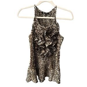 Milano Womens Y2K Sleeveless Ruffle Front Placket Top Small Animal Print Pleated